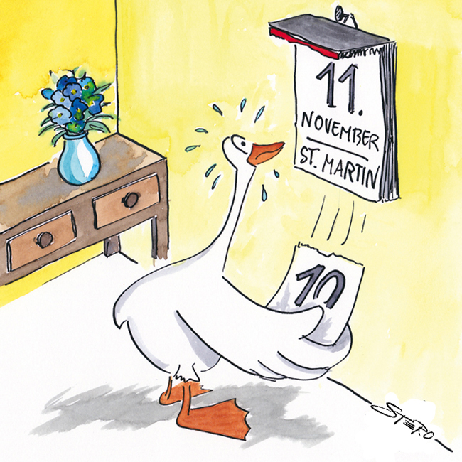 Eine Gans reißt ein Kalenderblatt ab.